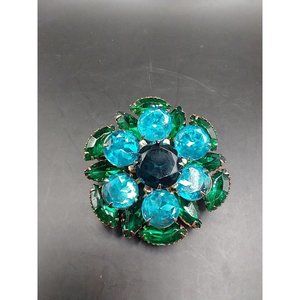 Vintage Glass Flower Brooch Layered Dark Emerald Green & Teal Blue B4